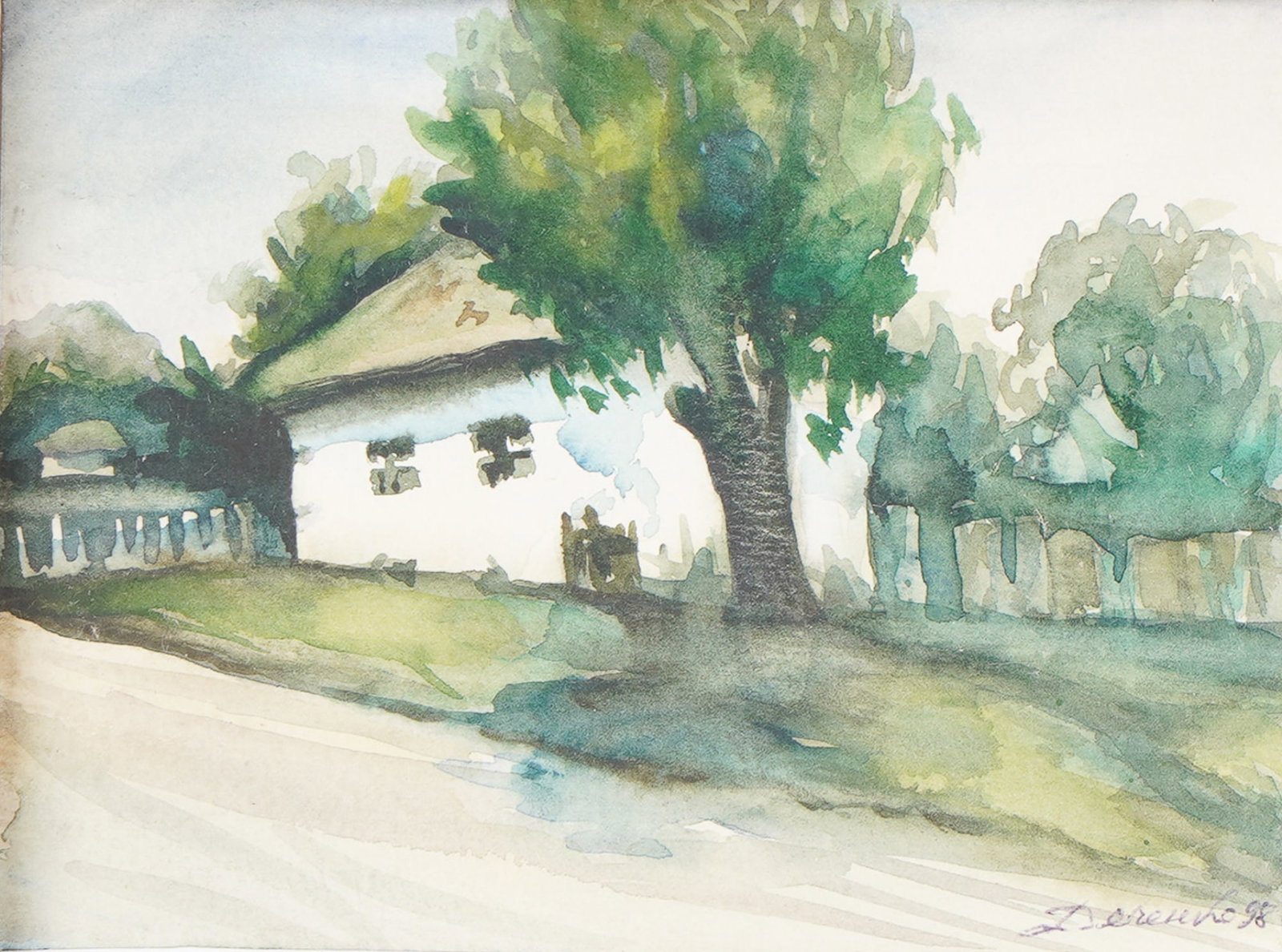 Ukrainian Watercolor Painting, Countryside House: Charming watercolor on paper landscape depicting a rural house beneath leafy trees, painted in fluid, impressionistic strokes. The composition captures a quiet roadside scene with loose washes of gree