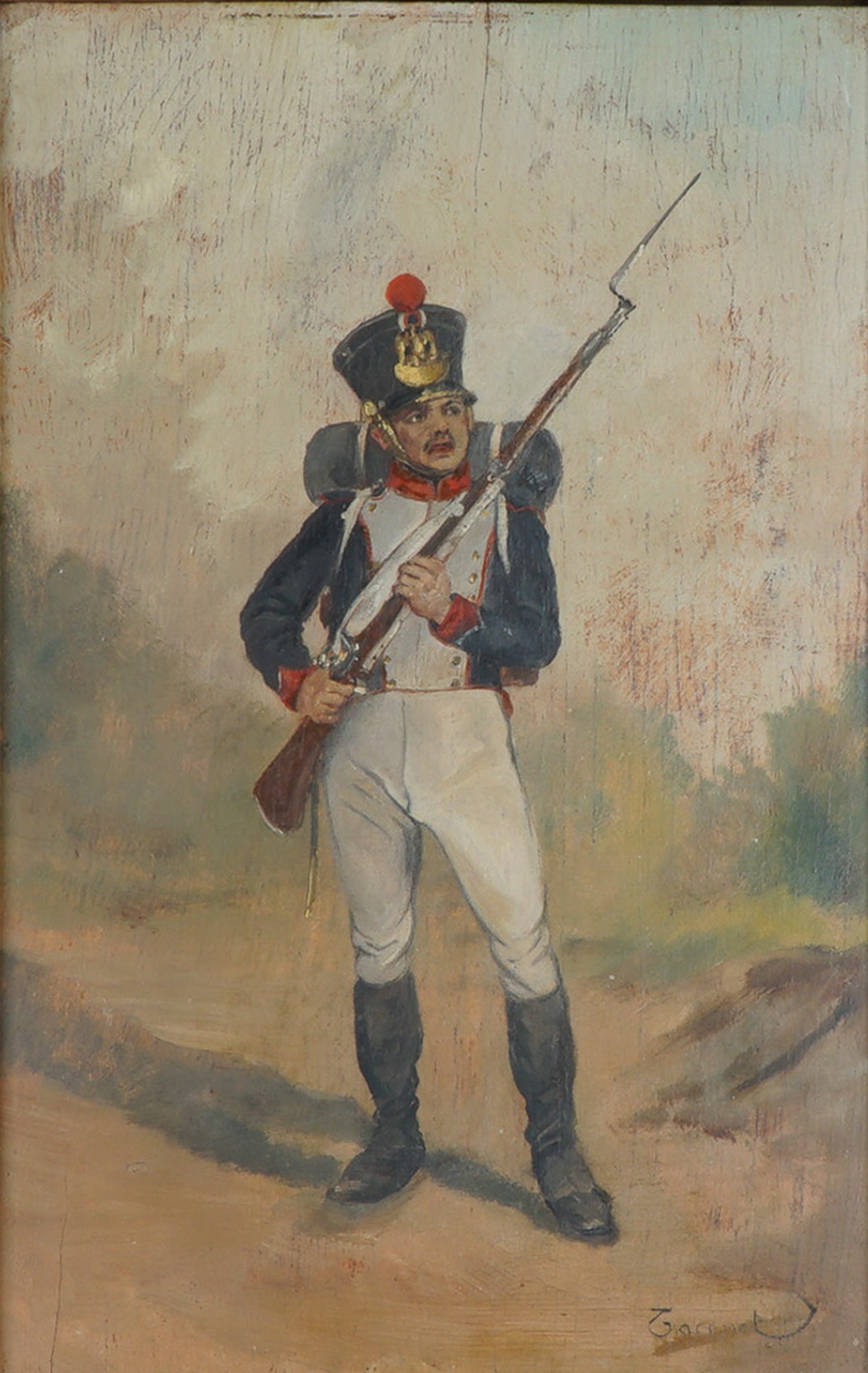 Louis Charles Taconet, 19th c. Oil on Wood Panel, French Officer, Signed: Antique oil on board painting depicting a uniformed soldier from the Franco-Prussian War, posed with a bayonet rifle and standing on a rural path. The soldier wears a distinctive kepi hat with red pom