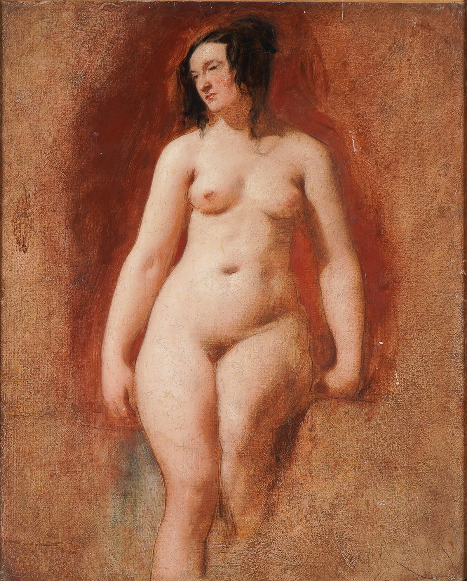 William Etty 19th c. Oil on Wood, Nude Standing in Contrapposto: A compelling 19th-century academic nude study attributed to British painter William Etty, executed in oil on paper board applied to wood with areas of graphite contour lines, this work presents a soft