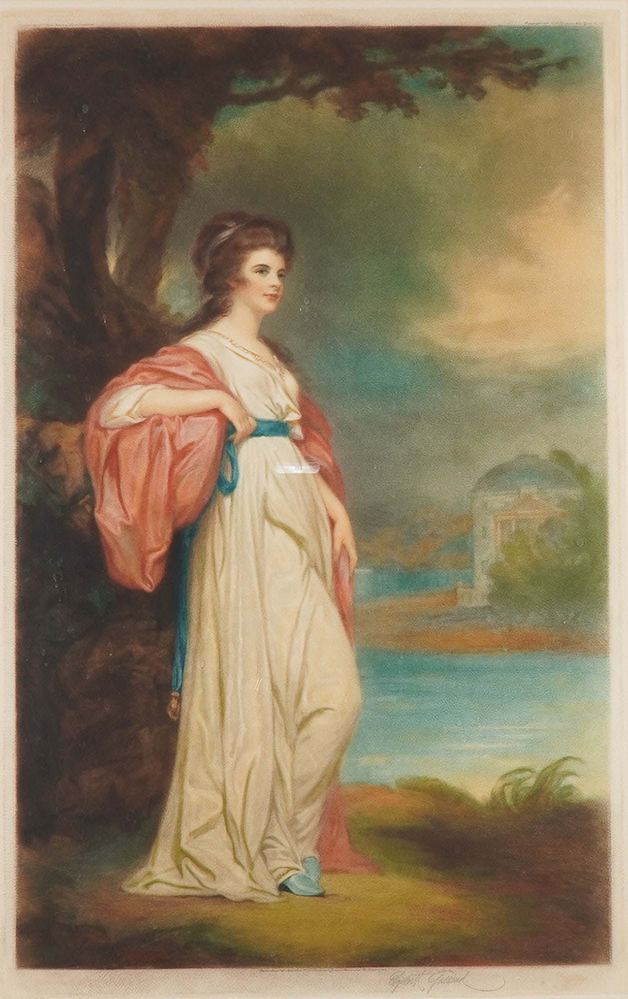 Elizabeth Gulland after George Romney, Hand-Colored Mezzotint, Signed: A finely executed hand-colored mezzotint by Scottish artist Elizabeth Gulland, after the original portrait by George Romney titled Portrait of Isabella Curwen. This romantic composition features Isabe