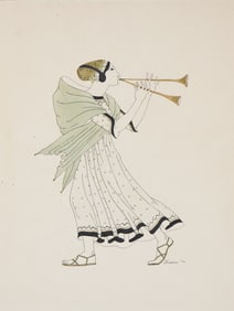 Signed J. Contini Watercolor of Ancient Greco-Roman Musician