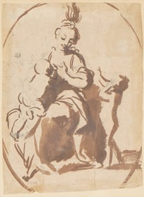 18th c. Original Rococo Ink Drawing, Madonna and Child with Saint John