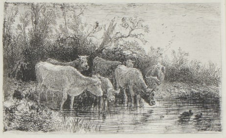 Peter Moran, Etching on Paper, Cattle at the Water Edge, Signed