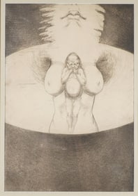 Surrealist Etching on Paper of Nude Mother and Child, Signed