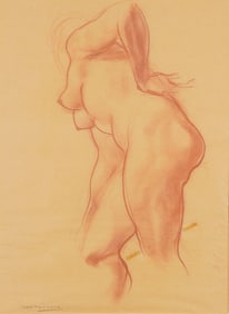 A. Henry Nordhausen, Nude Bending Forward, Conte Crayon Drawing, Signed