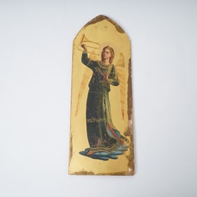 Hand-Painted Gilt Panel Icon of Angel with Trumpet on Wood