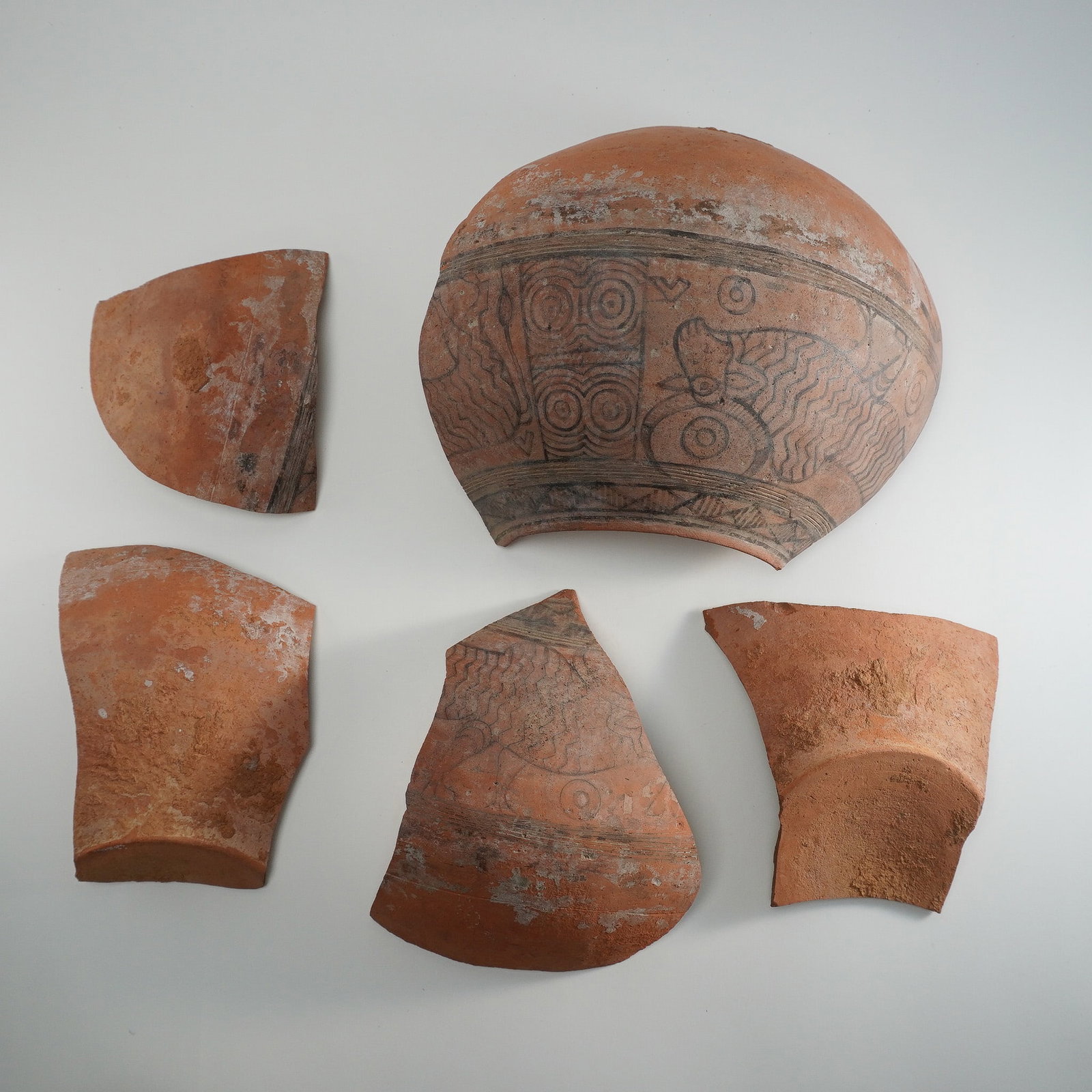 5pc Indus Valley Goat Motif Pottery Sherds: A set of five terracotta pottery sherds from the Indus Valley civilization, each fragment showing varying levels of surface erosion and encrustation. The group includes two notable sherds that depict 