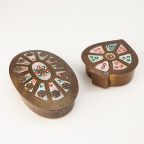 2pc Afghanistan Brass Boxes with Mother of Pearl and Enamel Inlay