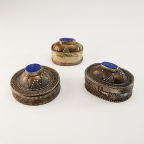 3pc Afghanistan Brass and Lapis Lazuli Snuff Boxes