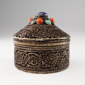Afghanistan Metal Turquoise and Coral Filigree Box