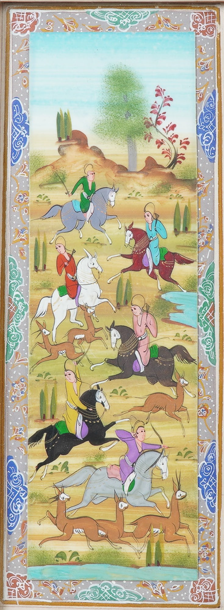 Persian Miniature Painting, Equestrian Hunting Scene: Hand-painted Persian miniature artwork depicting an elaborate equestrian hunting scene with riders on horseback chasing deer across a stylized landscape. Executed in traditional gouache on paper with 