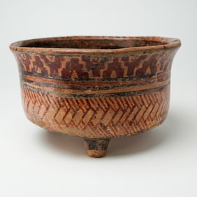 Pre-Columbian Polychrome Earthenware Tripod Bowl with Geometric Motif