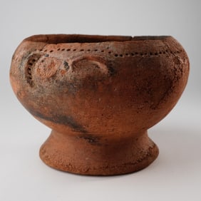 Pre-Columbia Ceramic Bird Motif Double-Handle Footed Bowl