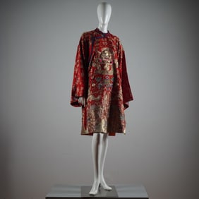 Qing Dynasty Chinese Embroidered Red Silk Dragon Robe with Gold Thread