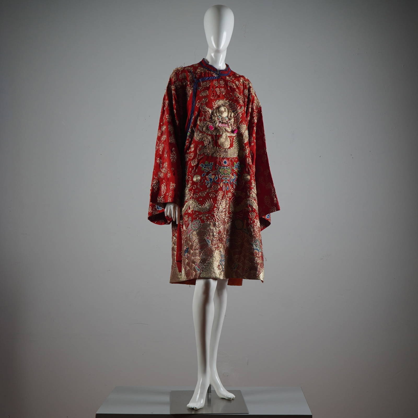Qing Dynasty Chinese Embroidered Red Silk Dragon Robe with Gold Thread