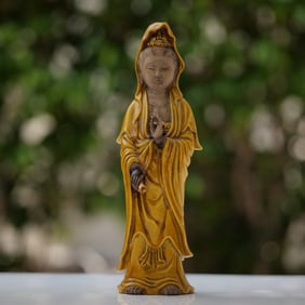Chinese Yellow Stoneware Guanyin Figurine