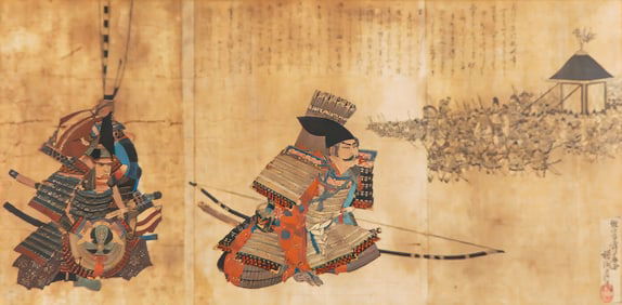 Japanese Three Sheet Woodblock Print of Samurai Warriors