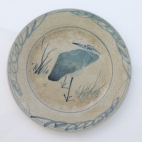 Korean Joseon Dynasty Buncheong Ware Blue Heron Plate