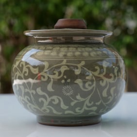 Korean Caledon Floral and Crane Jar