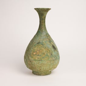 Asian Bronze Long-Necked Vessel with Green Patina