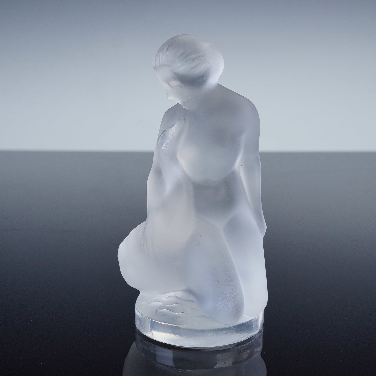 Lalique France Frosted Crystal Figurine, Leda and the Swan: Lalique France frosted crystal figurine depicting a female figure with a swan, rendered in smooth glass with polished highlights. The piece is signed on the base Lalique France and retains a partial L