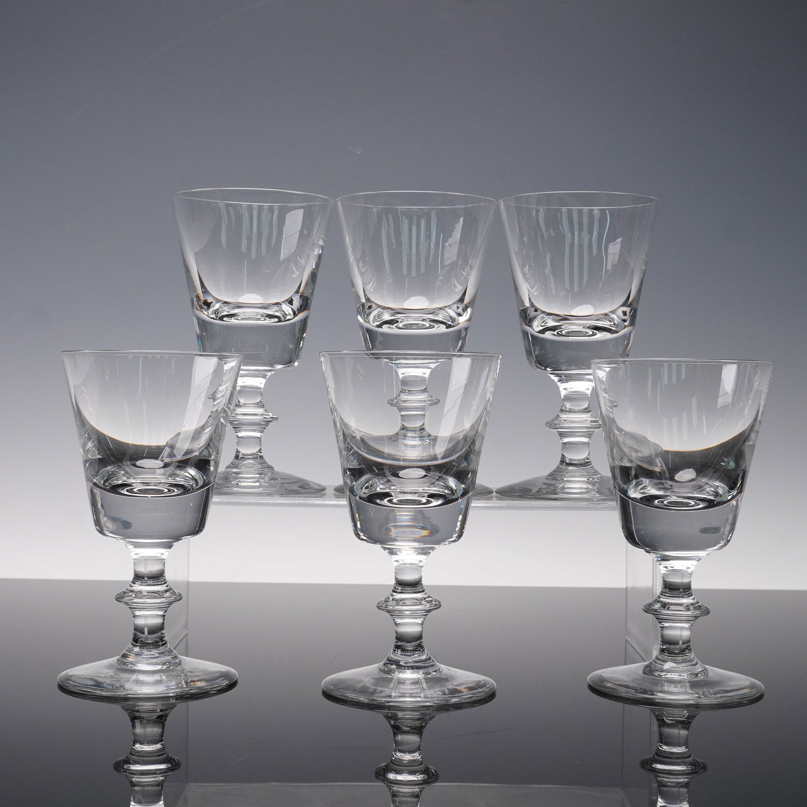 6pc Val St. Lambert Crystal White Wine Glasses, State Plain: A fine set of six Val St. Lambert crystal white wine glasses in the State Plain pattern, each with a straight-sided bowl over a baluster stem and circular foot, showcasing the renowned clarity and cra
