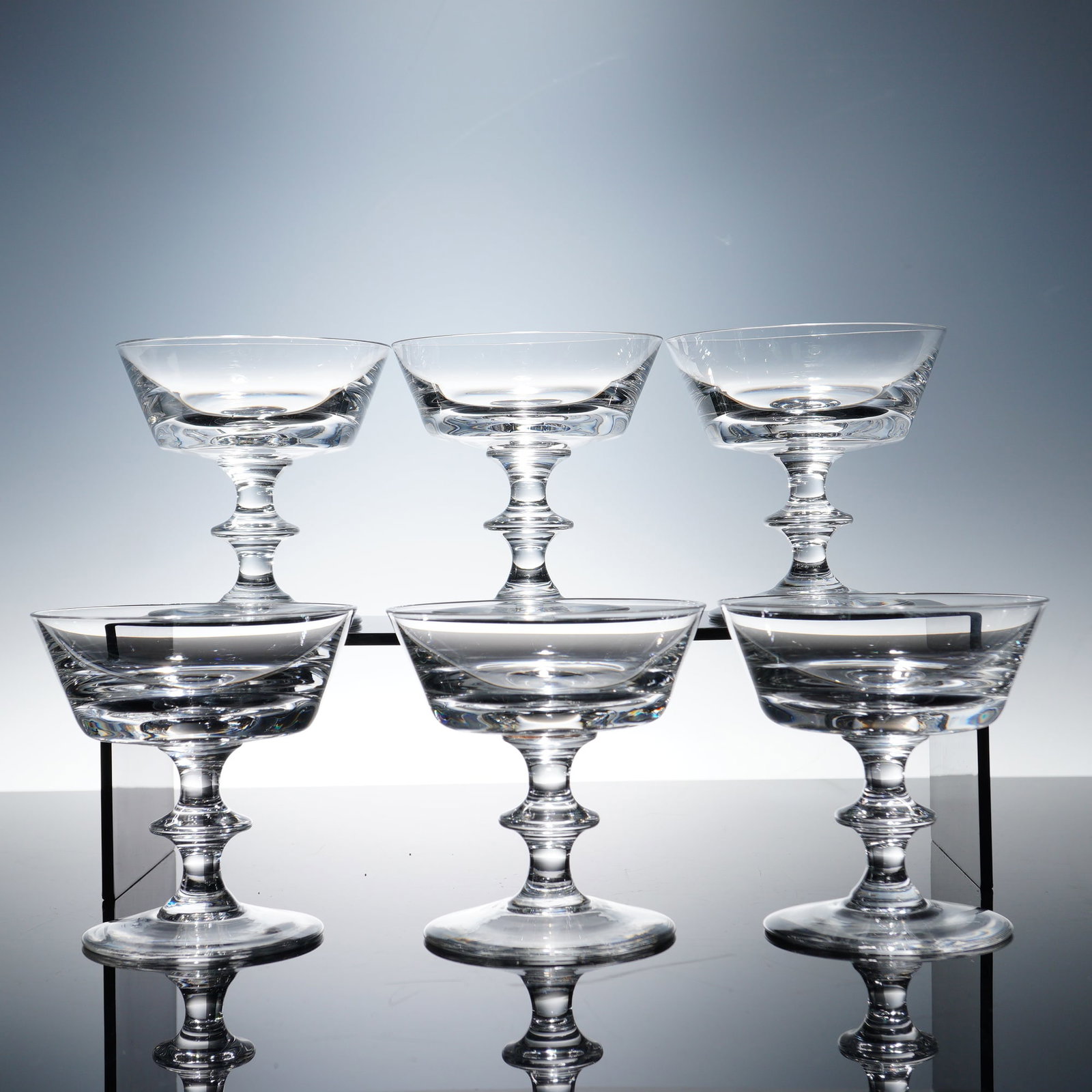 6pc Val St Lambert Crystal Champagne Glasses, State Plain: Presented is a group of six Val St Lambert State Plain crystal stems, designed for champagne or tall sherbet service. The elegant bowl and classic stem profile highlight the quality and refined propor