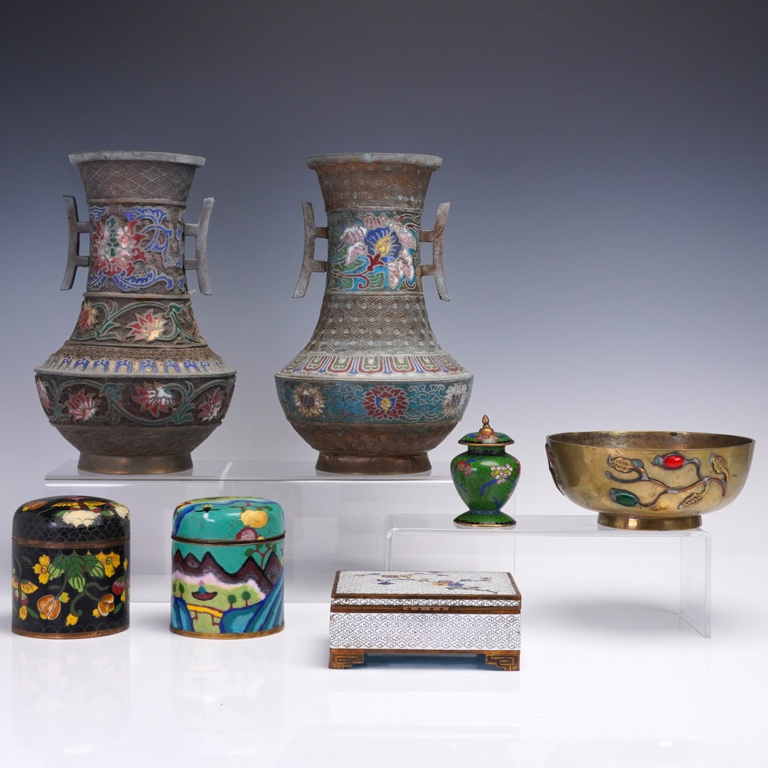 7pc Chinese, Japanese, & Asian Style Art Pottery Vases, Bowl, Jewelry Boxes (1 of 7)