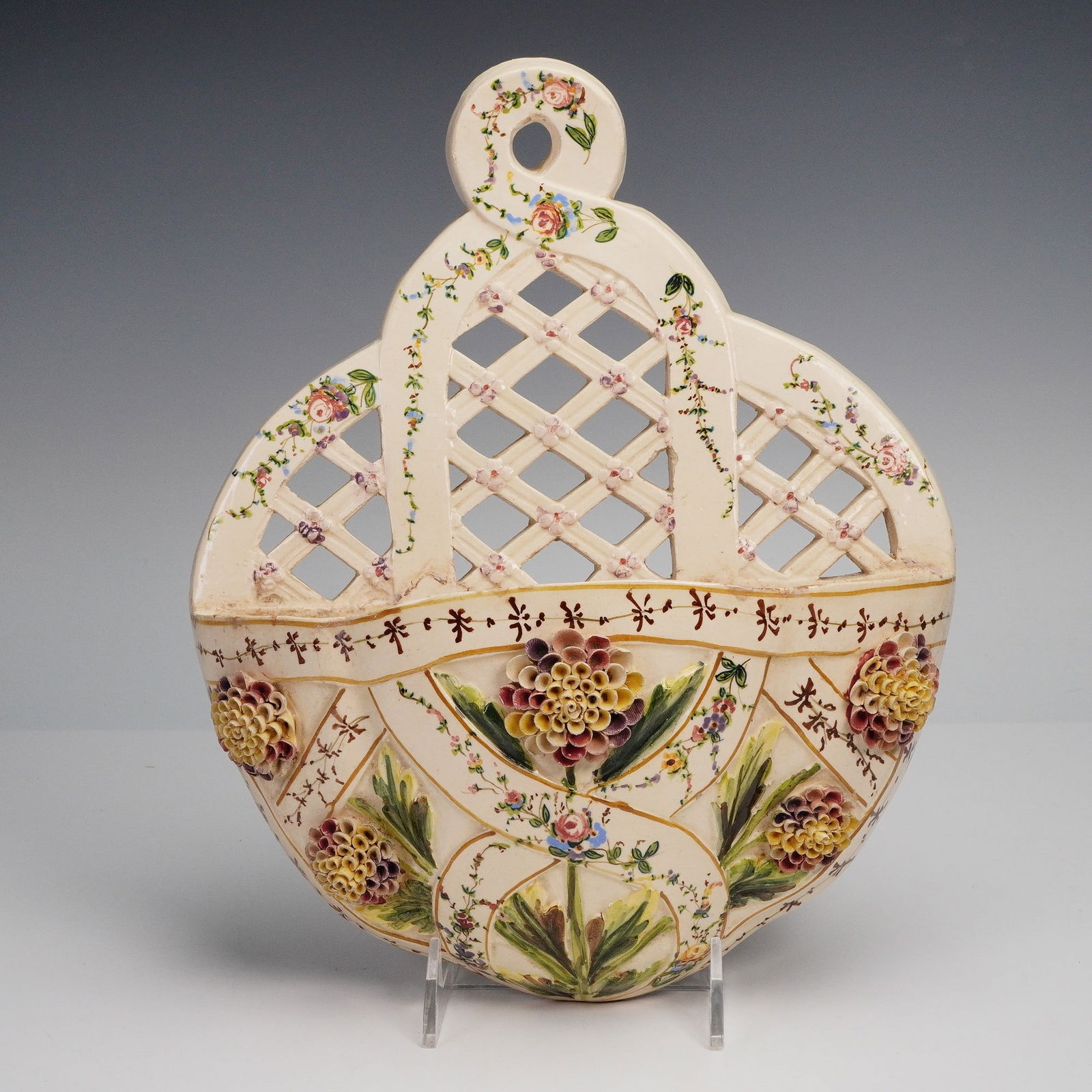 Hand Painted Ceramic Floral Wall Pocket with Lattice Motif (1 of 5)