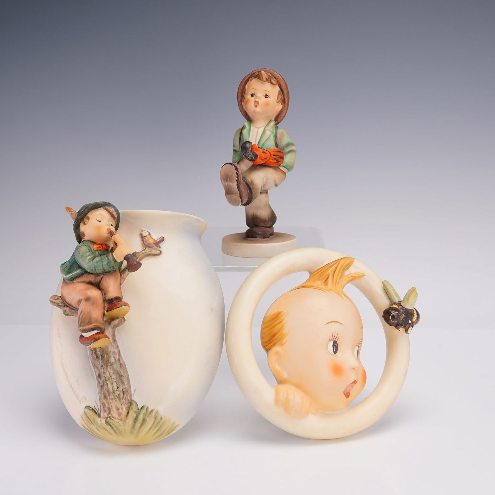 3pc Goebel Hummel Boy with Umbrella Figurine, Wall Pocket & Wall Ring Art (1 of 2)