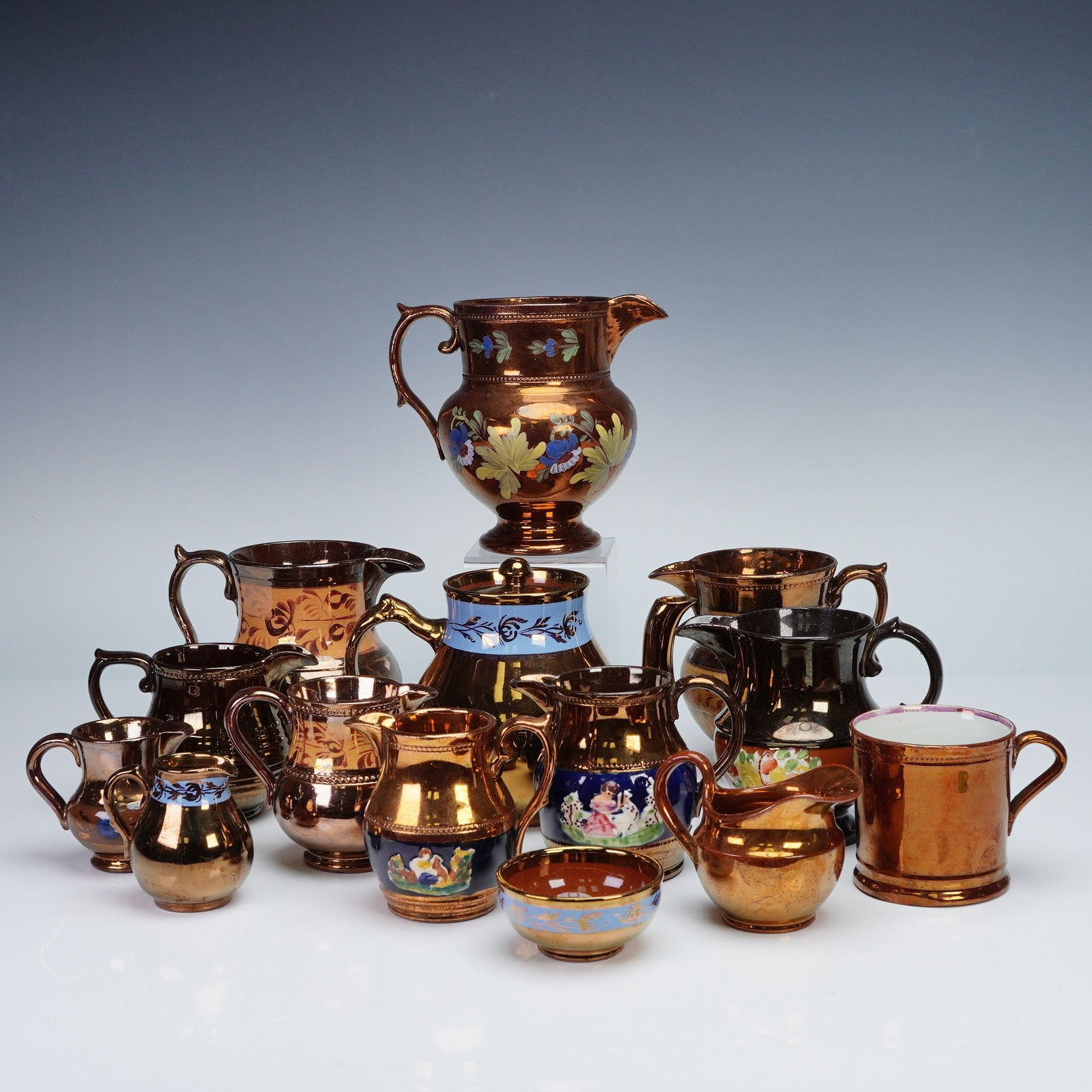 15pc Copper Lustre Pottery Pitchers, Creamers, Bowl, Cup and Teapot (1 of 5)