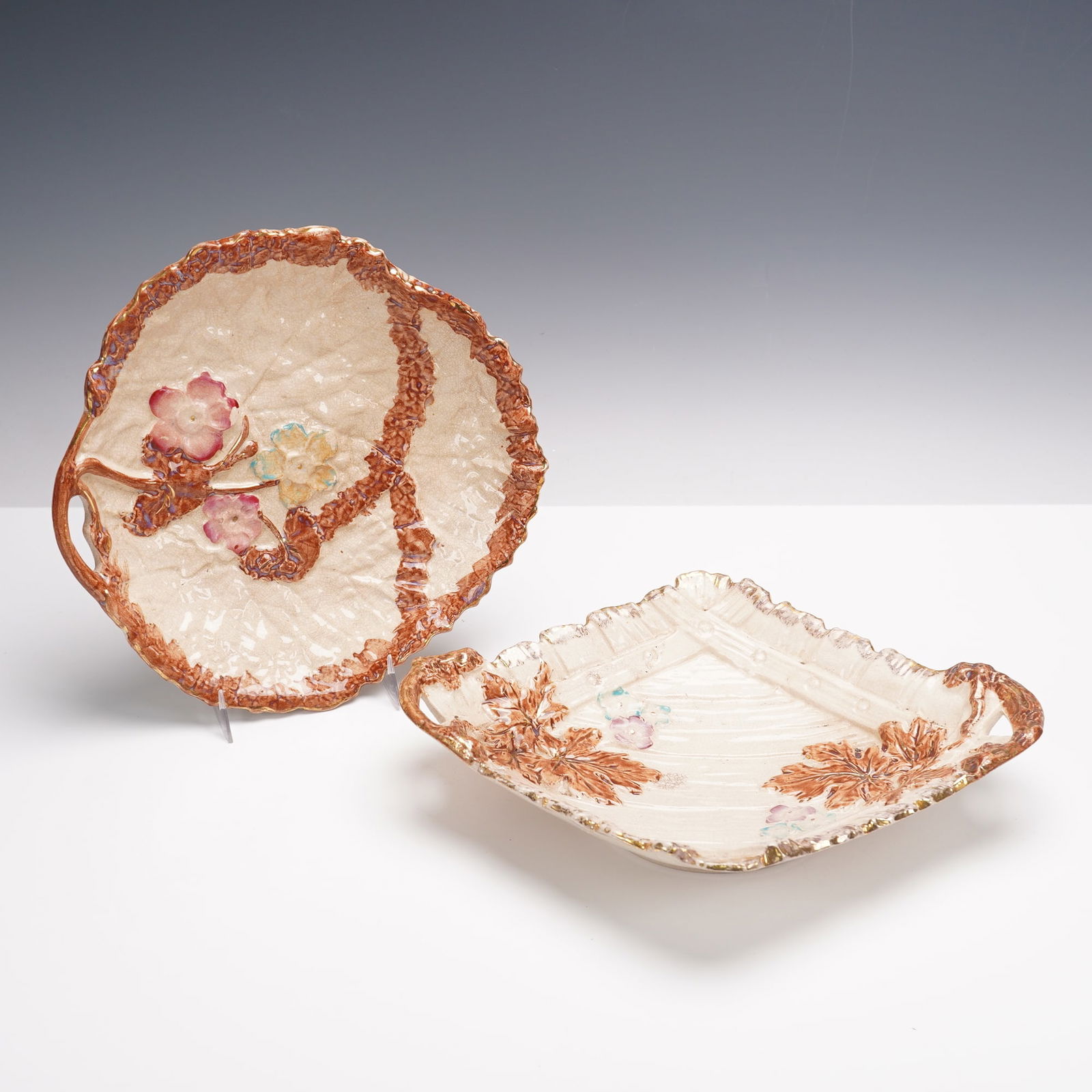 Pair of Late 19th Century Majolica Ceramic Floral Plates (1 of 4)