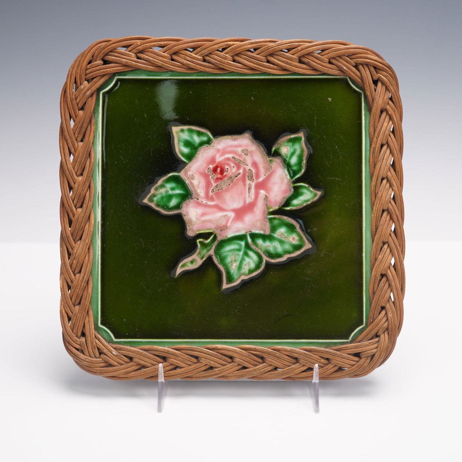 Majolica Style Ceramic Tile with Pink Rose and Woven Frame (1 of 5)