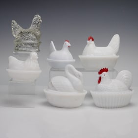 11pc Glass Covered Dishes and Candy Container, Hens and Swan