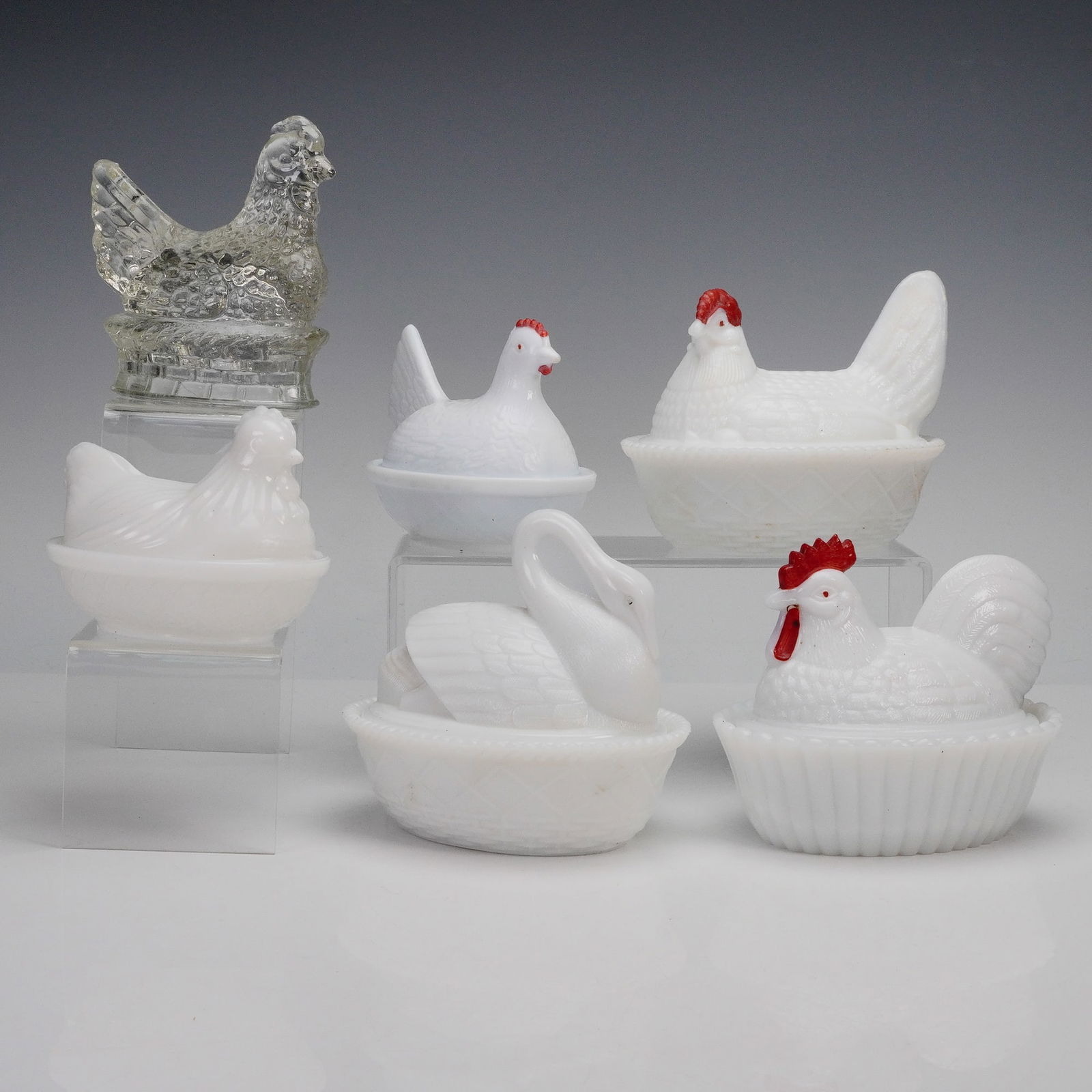 11pc Glass Covered Dishes and Candy Container, Hens and Swan
