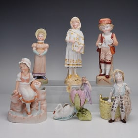 6pc Bisque and Porcelain Figural Spill Vases and Figurines