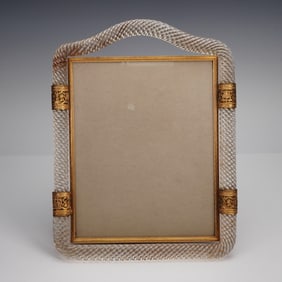 Mid-Century Italian Glass & Brass Twisted Rope Picture Frame