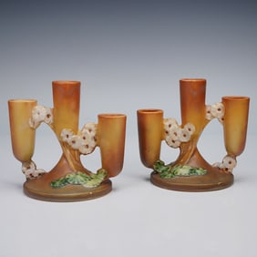 Pair of Roseville Pottery Candleholders, Primrose