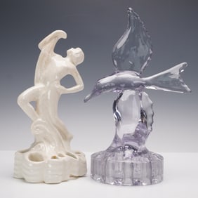 2pc Art Pottery and Glass Flower Frogs