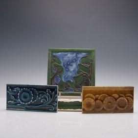 5pc Art Nouveau Pottery Glazed Tiles