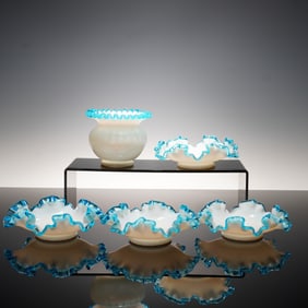 5pc Fenton Aqua Crest Bowls and Vase