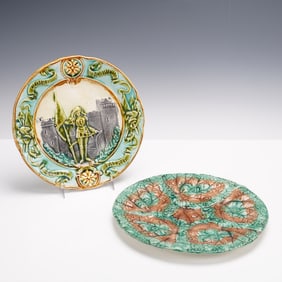 Pair of Majolica Plates, Joan of Arc and Etruscan Begonia Leaf