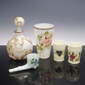 5pc Hand Painted Milk Glass Collection with Deluxe Inc USA Tumbler