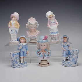 6pc Continental Bisque and Porcelain Figurines, Busts, and Spill Vases