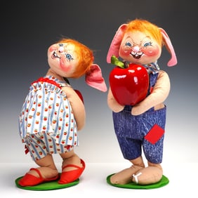 2pc Vintage Annalee Mobilitee Bunny Dolls, Country Boy and Girl