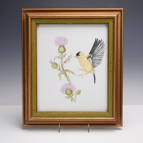Sallie Snow Porcelain Plaque Bird Painting, Goldfinch
