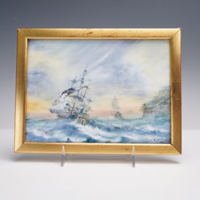 R. Lewis Porcelain Maritime Tile Painting, Signed by Helen Boehm