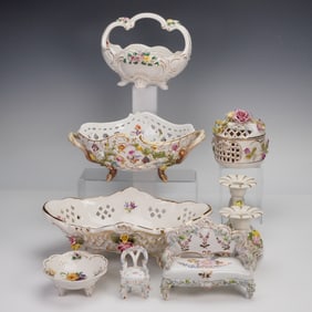 8pc Dresden and Meissen Porcelain Grouping- Candleholder, Centerpiece Bowl