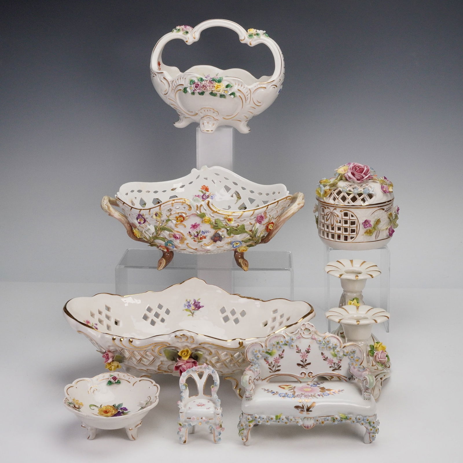 8pc Dresden and Meissen Porcelain Grouping- Candleholder, Centerpiece Bowl (1 of 7)