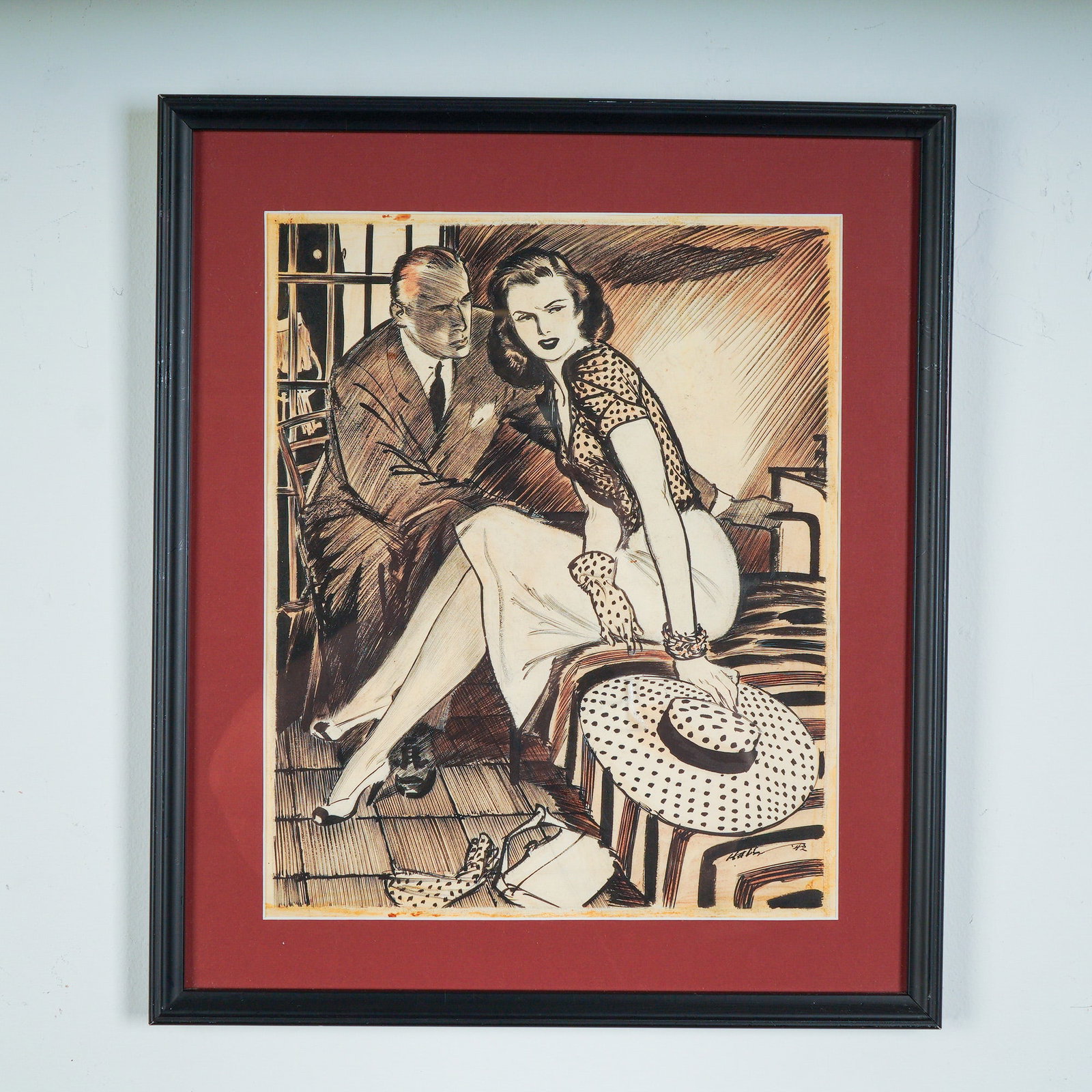 Wayn Hall Original 1942 Pen & Ink Ill.- Strange Men Are Dangerous, Signed: An original pen and ink illustration by Wayne Hall, dated 1942, executed for the romantic serial "Strange Men Are Dangerous," published in the December 5th issue of Love Story magazine. This expressiv